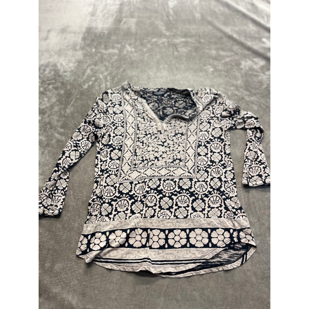 Lucky Brand Womens XS Black Cream Floral Woodblock Print Split V-Neck Tunic Top